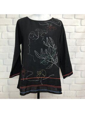 Giada Forte Resort Black Embroidered Blouse Size 0 (US 2) Wool Linen Cotton